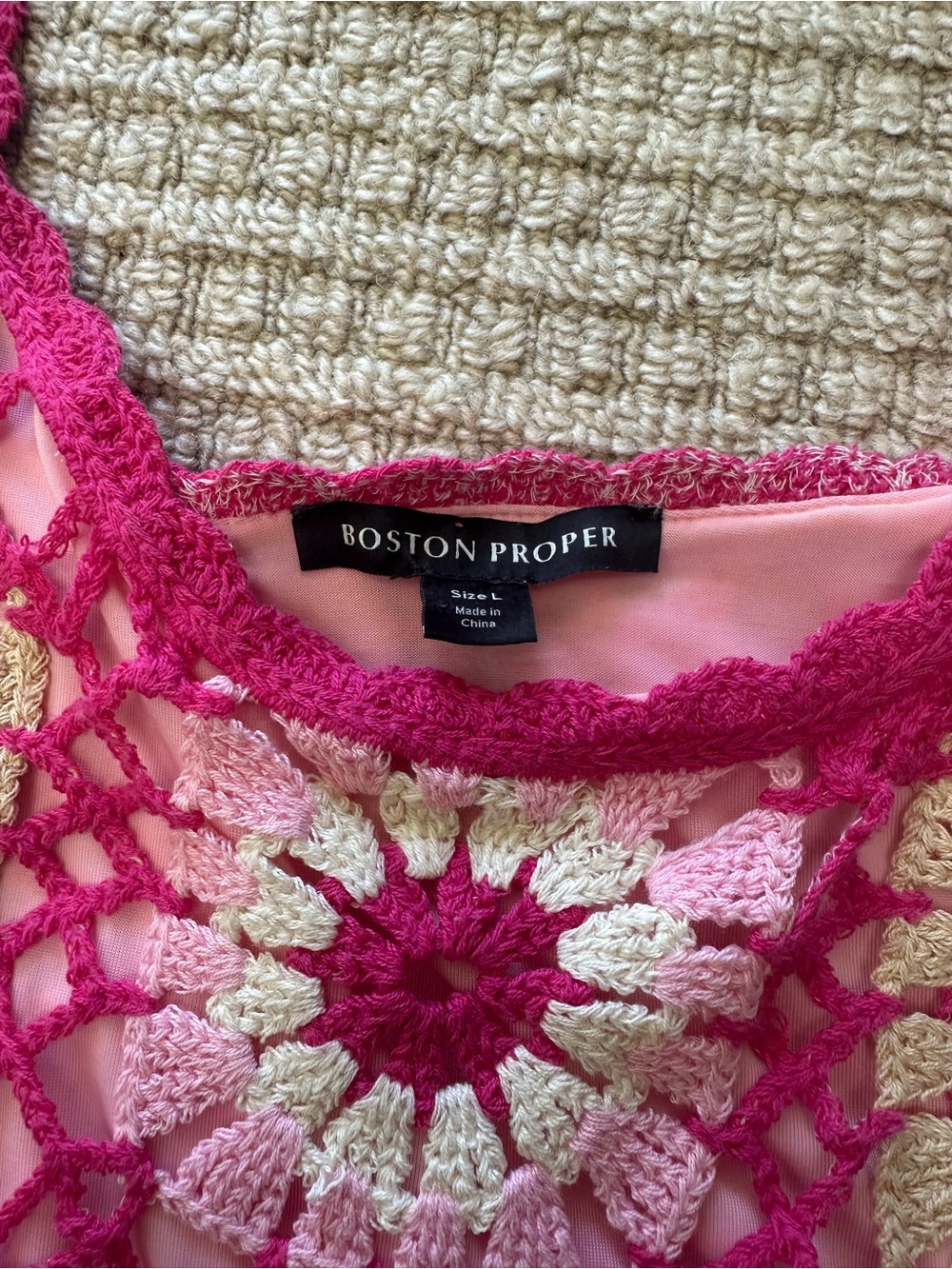 Boston Proper Floral Pink Crochet Tank Mini Dress Sz L - Picture 4 of 6